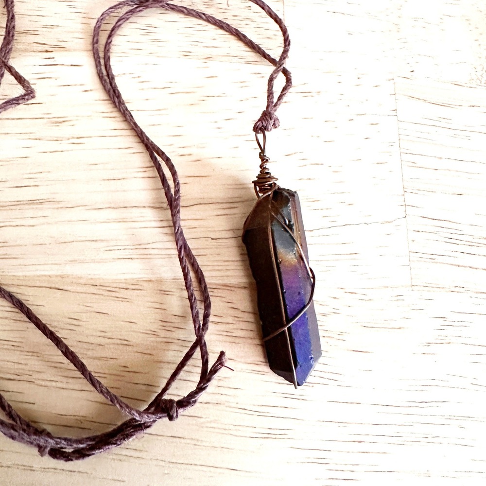 Titanium Aura Quartz Crystal Point Pendant Copper Wire‎ Wrapped on Cord